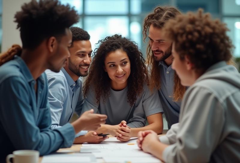 Diverse team collaborating in a modern office environment